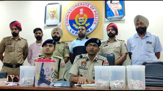 Police commissioner Kautubh Sharma interacting with the media over the arrest of accused in the robbery case in Gobindgarh village in Ludhiana on Sunday. (HT Photo)