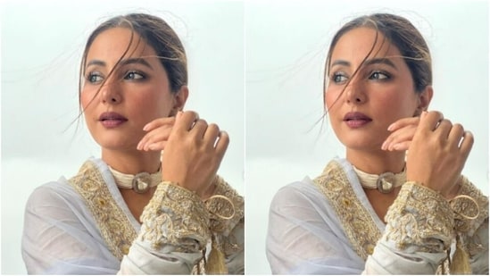 Hina further accessorised her look for the day with a white neck choker that came embedded with a white stone. In white stone embedded ear studs, she added more Eid vibes to her look.(Instagram/@realhinakhan)