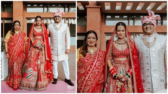 Sangram complemented his bride in a cream embroidered sherwani set and a matching safa. He wore a bandhgala silk brocade jacket featuring full sleeves and a tailored fitting over a white kurta and matching silk churidar pants.(Instagram)