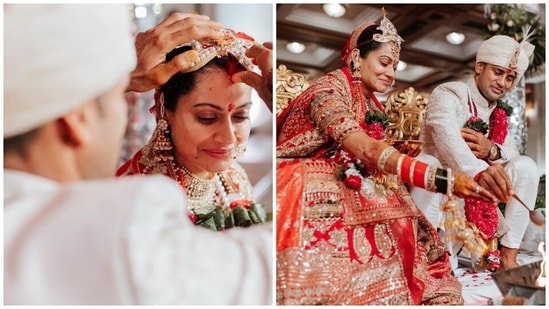 Payal was the most beautiful bride in a heavily embellished lehenga and choli set. The star chose the bridal red hue for her special day, embracing traditions and looking gorgeous as ever. Payal and Sangram's ensemble is from the shelves of the clothing label Asopalav India.(Instagram)