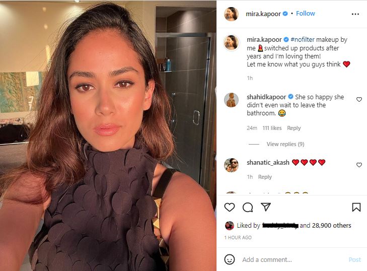 Mira shared a selfie on her Instagram as she posed inside a bathroom.