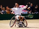 Shingo Kunieda of Japan celebrates after beating Britain's Alfie Hewett to win the final of the men's wheelchair singles.(AP) Shingo Kunieda of Japan celebrates after beating Britain's Alfie Hewett to win the final of the men's wheelchair singles.(AP)