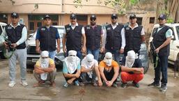 The arrested members of Lawrence Bishnoi gang in Haryana Police custody on Monday.  (Twitter/@police_haryana)