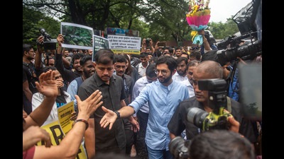 Shiv Sena leader Aaditya Thackeray joins the Protesters during 'Save Aarey' on Sunday, July 10, 2022. (Pratik Chorge/HT Photo)