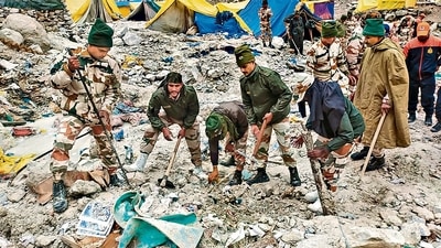 ITBP personnel carry out rescue operation near the Amarnath shrine on Sunday. (PTI) ITBP personnel carry out rescue operation near the Amarnath shrine on Sunday. (PTI)