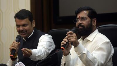 Chief minister Eknath Shinde with deputy CM Devendra Fadnavis at a press conference in Delhi. HT Photo Chief minister Eknath Shinde with deputy CM Devendra Fadnavis at a press conference in Delhi. HT Photo