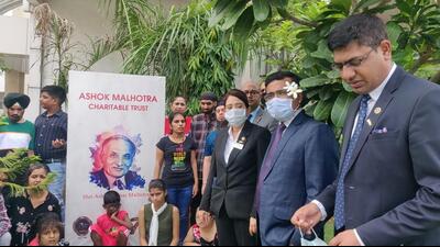 MBD Group organised plantation drives, snack and movie shows for underprivileged children in Ludhiana, to mark 77th Founder’s Day. (HT PHOTO)