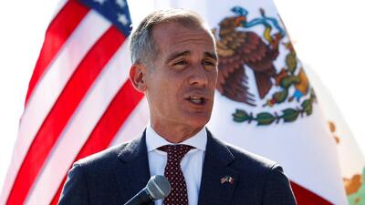 Los Angeles Mayor Eric Garcetti speaks during the opening ceremony of the ‘Wings of Los Angeles’, a bronze sculpture presented by Mexico's government at Griffith Park, in Los Angeles, US on June 6, 2022. (REUTERS)