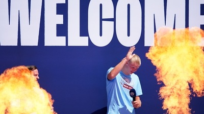 Manchester City's Erling Haaland is cheered by fans during club's new signings presentation, (AP)