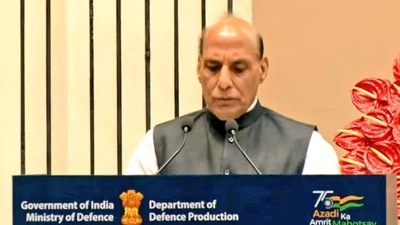 Rajnath Singh addresses a symposium on Artificial Intelligence. ((Twitter) ) Rajnath Singh addresses a symposium on Artificial Intelligence. ((Twitter) )