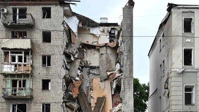 A building partially destroyed after a Russian missile strike in Kharkiv on July 11, 2022, amid Russia's military invasion launched on Ukraine.&nbsp; (AFP)