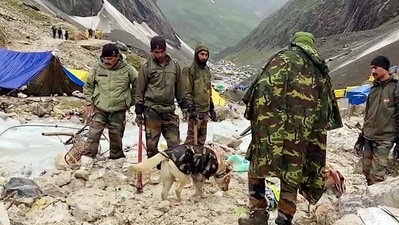 Rescue operations underway at cloudburst-affected areas of Amarnath in Jammu and Kashmir on Saturday. (ANI Photo) Rescue operations underway at cloudburst-affected areas of Amarnath in Jammu and Kashmir on Saturday. (ANI Photo)