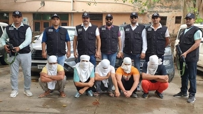 The arrested members of Lawrence Bishnoi gang in Haryana Police custody on Monday. (Twitter/@police_haryana) The arrested members of Lawrence Bishnoi gang in Haryana Police custody on Monday. (Twitter/@police_haryana)