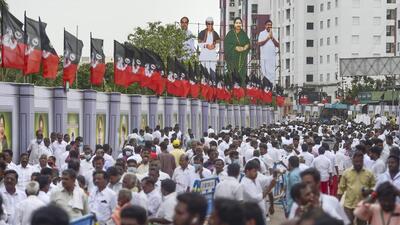Chennai: All India Anna Dravida Munnetra Kazhagam (AIADMK) supporters outside the venue of the general council meeting of AIADMK, in Chennai, Monday, July 11, 2022. (PTI Photo/R Senthil Kumar)(PTI07_11_2022_000214B) (PTI)