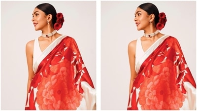 Lastly, Mrunal picked wine red nail paint, black-winged eyeliner, rose-hued glossy lip shade, mascara-adorned lashes, subtle eye shadow, glowing skin, beaming highlighter, blushed cheeks and sharp contouring for the glam picks. (Instagram)