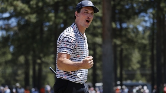 Actor Miles Teller reacts to the crowd after teeing off on the 17th hole during the final round of the American Century Championship at Edgewood Tahoe Golf Course in Nevada. He was recently seen as Lt. Bradley ‘Rooster’ Bradshaw in Tom Cruise-starrer Top Gun: Maverick. (Getty Images/AFP)(AFP)