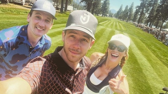 Nick Jonas shared a selfie with actor Miles Teller and Paige Spiranac on Instagram on Saturday after a fun first round at the American Century Championship in Tahoe. 