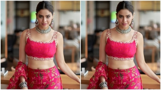 The intricate golden embroidery, a floral printed fabric tie and a backless detail enhanced the beauty of Aamna's cropped choli. She further glammed it up with oxidised silver stacked bracelets, matching heavy jhumkis and a choker necklace with stone adornments.(Instagram)