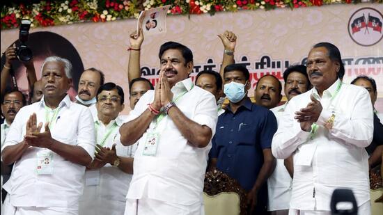 All India Anna Dravida Munnetra Kazhagam (AIADMK) leader Edappadi K Palaniswami with party leaders. (ANI)