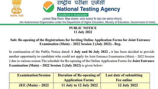 JEE Main 2022: NTA reopens registration process for session 2 exams