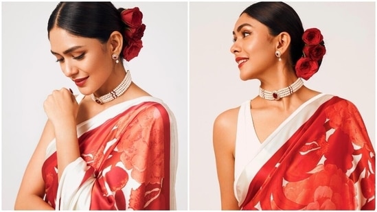 Actor Mrunal Thakur has kickstarted the promotions of her upcoming film Sita Ramam, starring Dulquer Salmaan, with jaw-dropping sartorial picks to make the journey even more memorable. The star chose a floral printed saree as her first look for attending a promotional event, and it deserves all your attention. The traditional silhouette is perfect for attending a wedding in the summers or a cosy date with your girlfriends or partner. Keep scrolling ahead to check out the photos.(Instagram)