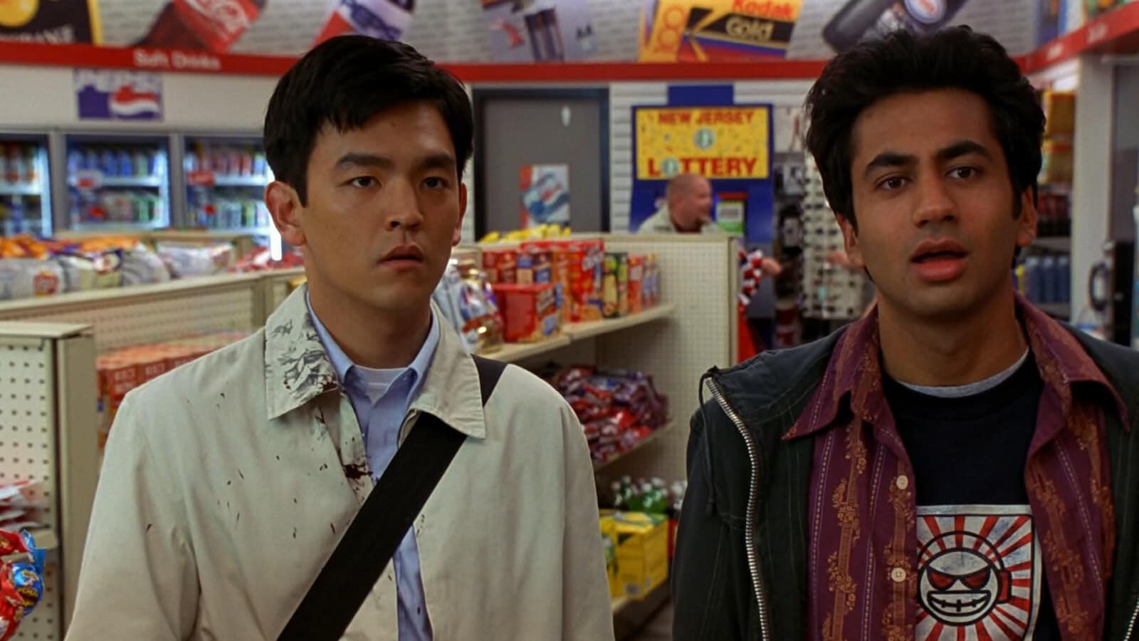 Kal Penn and John Cho in a still from the cult classic comedy Harold &  Kumar Go to White Castle.