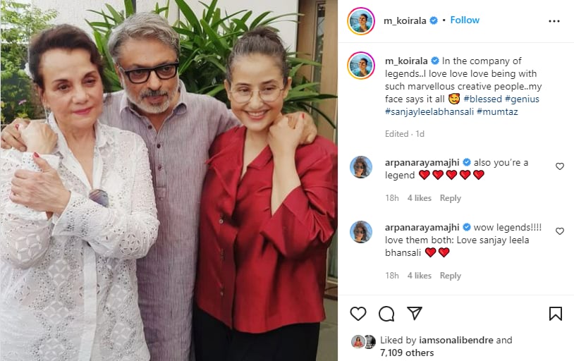 Manisha Koirala's Instagram post where she was with Mumtaz and Sanjay Leela Bhansali.