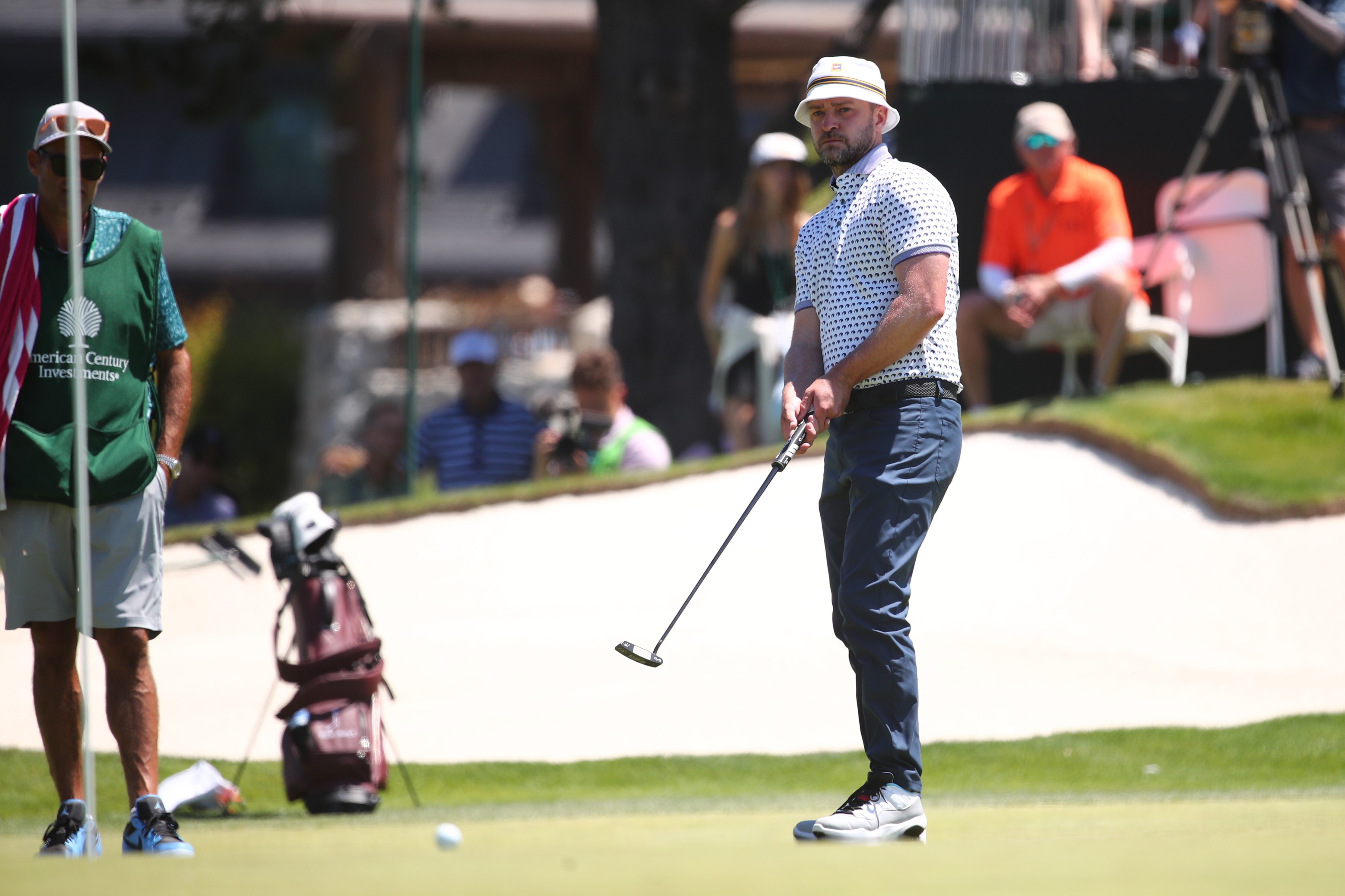 Musician and actor Justin Timberlake was one of the many celebrities who took part in the American Century Championship at Edgewood Tahoe Golf Course in Nevada. He is seen during the final round on Sunday. (Getty Images/AFP)