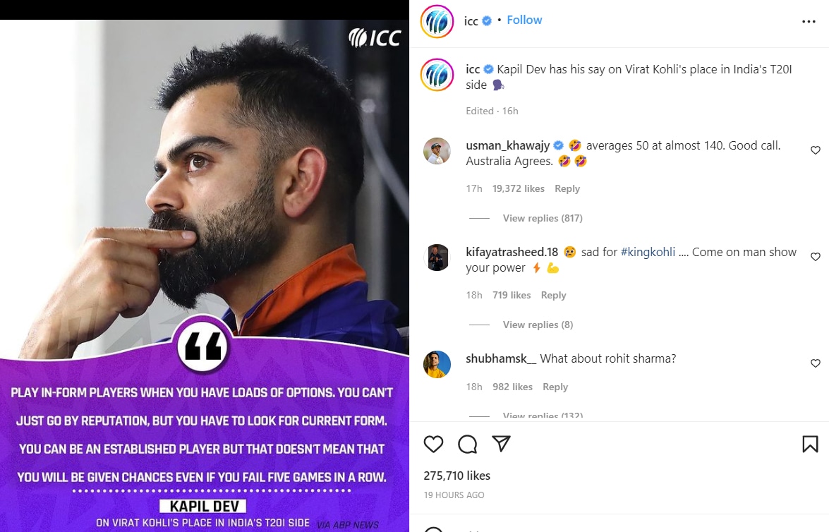 Usman Khawaja responded to ICC's Instagram post.&nbsp; (ICC/Instagram)