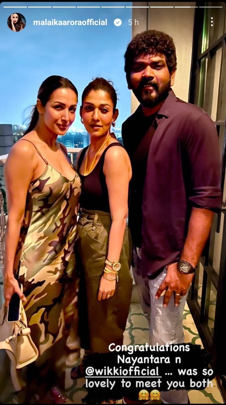 Malaika Arora shared a picture with Nayanthara and Vignesh Shivan on Instagram.&nbsp;