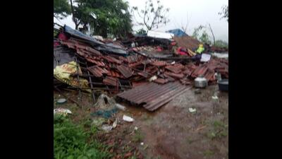The house that collapsed in heavy rainfall in Raigad district. A 58-year-old man was dead in the incident while his wife suffered injuries. (HT PHOTO)