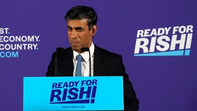 British Conservative Party member Rishi Sunak launches his campaign for the Conservative Party leadership, in London. (AP)