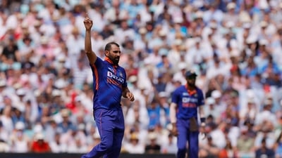 India's Mohammed Shami celebrates after taking the wicket of England's Craig Overton (Action Images via Reuters)