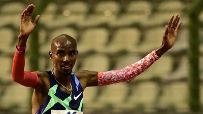 Mo Farah celebrates after victory and a world record in the men's one hour event at The Diamond League AG Memorial Van Damme athletics meeting at The King Baudouin Stadium in Brussels. (AFP) Mo Farah celebrates after victory and a world record in the men's one hour event at The Diamond League AG Memorial Van Damme athletics meeting at The King Baudouin Stadium in Brussels. (AFP)