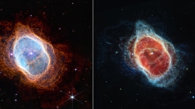 In these images of the Southern Ring planetary nebula, NASA Webb shows a dying star cloaked by dust and layers of light. (Image courtesy: Twitter.com/NASA)
