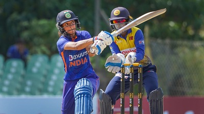 Harmanpreet Kaur plays a shot against Sri Lanka. (PTI)
