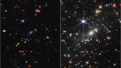 Two full-color images from NASA's James Webb Space Telescope, a revolutionary apparatus designed to peer through the cosmos to the dawn of the universe, show composites made from images at Mid-Infrared (L) &amp; Near-Infrared (R). (REUTERS)