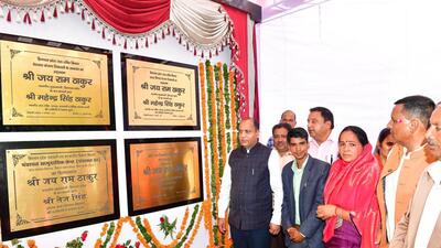 Himachal Pradesh chief minister Jai Ram Thakur during his visit to Shikawari in Seraj area of Mandi district on Tuesday. (Birbal Sharma /Hindustan Times)
