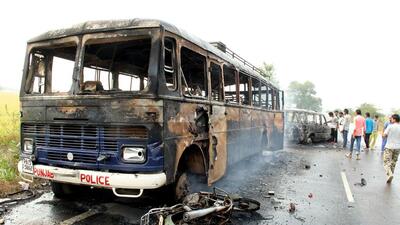 Punjab Police vehicles burnt during a protest against sacrilege incidents in Kotkapura in 2015. (HT File Photo)