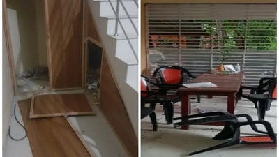 Window panes, doors and furniture knocked down after a bomb attack at the RSS office in Kerala's Kannur. ( ANI) Window panes, doors and furniture knocked down after a bomb attack at the RSS office in Kerala's Kannur. ( ANI)
