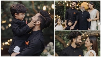 Shahid Kapoor posed for pictures with his family at his sister's wedding. Shahid Kapoor posed for pictures with his family at his sister's wedding.