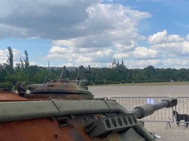 The display includes a damaged Russian T-90 tank. (Twitter / @DefenceU) The display includes a damaged Russian T-90 tank. (Twitter / @DefenceU)