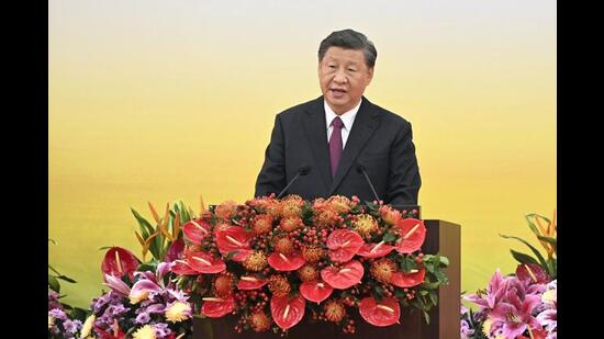 China's President Xi Jinping gives a speech following a swearing-in ceremony to inaugurate the new government in Hong Kong on Friday, July 1, 2022, on the 25th anniversary of the city's handover from Britain to China. (AP/PTI Photo)