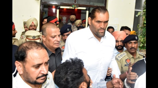 The Great Khali outside Ludhiana police commissioner’s office on Tuesday. (HT Photo)