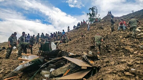 Rescue operations underway after a massive landslide hit the Tupul railway construction camp in Noney district of Manipur.&nbsp;(PTI)