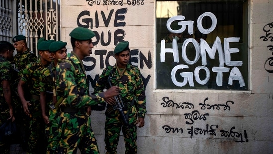 Sri Lanka army soldiers patrol near the official residence of president Gotabaya Rajapaksa days after it was stormed by anti government protesters in Colombo.(AP)