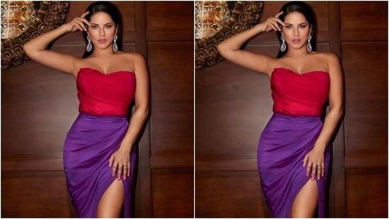 Sunny teamed a pink off-shoulder corset top with a violet satin skirt with one thigh high slit.(Instagram/@sunnyleone)