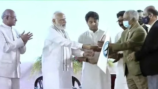 Prime Minister Narendra Modi on Tuesday flagged off a Kolkata-bound IndiGo flight from the Deoghar airport to mark the inauguration of Jharkhand’s second airport after Ranchi.(Twitter/ @DGHAirport)