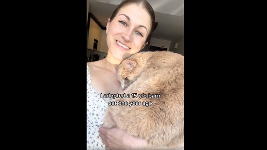 The image, taken from the viral video, shows the cat snuggling with a woman. (Instagram/@snugglybo_)