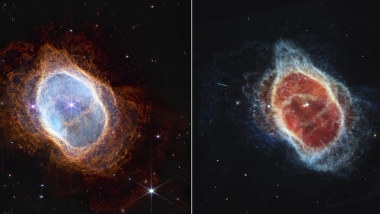 This combo of images shows a side-by-side comparison of observations of the Southern Ring Nebula in near-infrared light, at left, and mid-infrared light, at right, from the Webb Telescope.(AP)